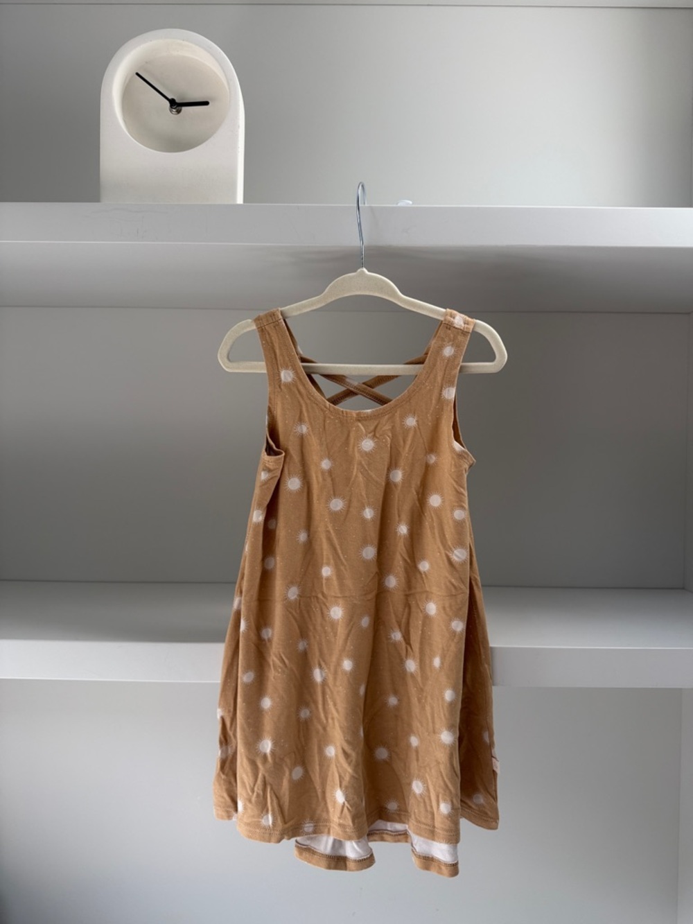 Girls Tan Polka Dot Sleeveless Dress with Crisscross Back Detail